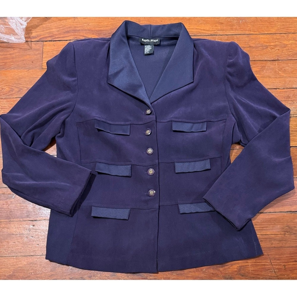 Karis Place Womens Navy Blue Satin Trim Blazer Jacket Size‎ 14P Style 071